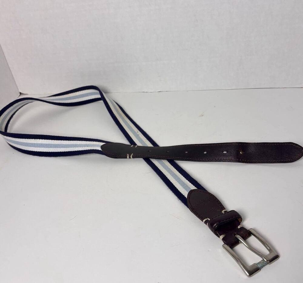 Sperry Top-Sider Men’sBelt Navy Light Blue White Striped Canvas W/ Leather Sz 38